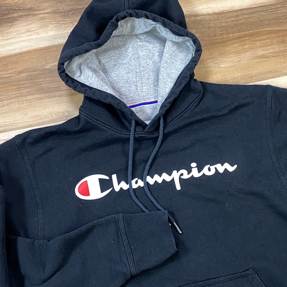 Champion Hoodie Mens S Script Logo Cotton Blend Pullover Black Streetwear Sport